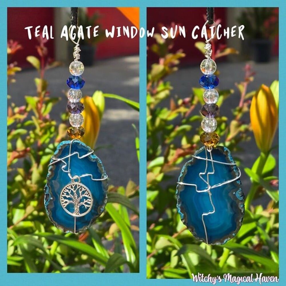Teal Agate Gemstone Beaded Tree of Life Charm Window Sun Catcher